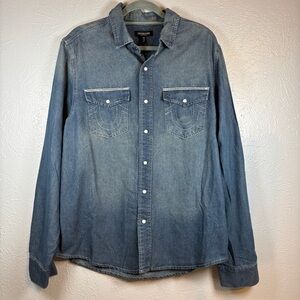 True Religion Men's Size M Medium Wash Long Sleeve Chambray Snap Denim Shirt NWT